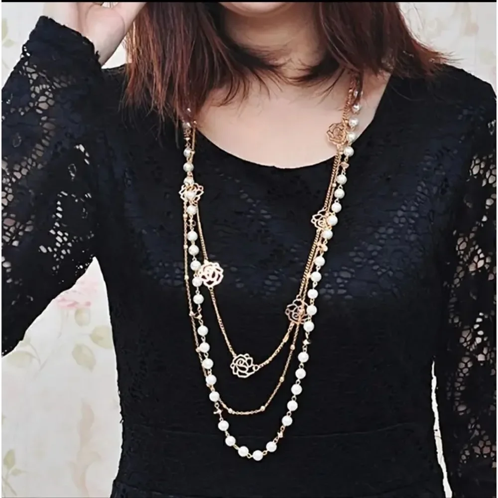 Long Imitation Pearl & Camillia Flower Necklaces